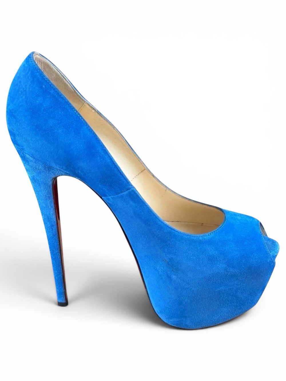 Christian Louboutin Highness 160 Blue Suede Peep-Toe Platform Pumps – Size 38